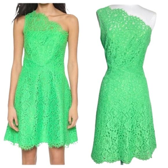 Shoshanna Lace Dress ‘Maia’ Sz: 4 | One Shoulder | Green Summer Cocktail Party - Picture 1 of 16